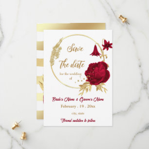 burgundy & gold flowers botanical wreath wedding save the date