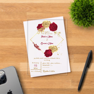 burgundy & gold flowers elegant wreath wedding acrylic invitations