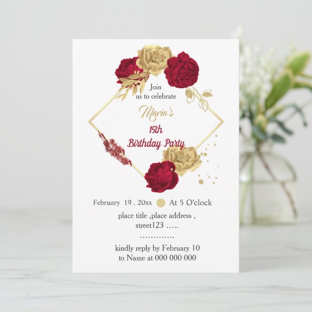 burgundy & gold flowers geometric birthday  invitation (Standing Front)