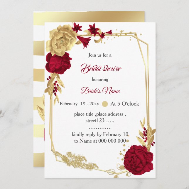 burgundy & gold flowers geometric bridal shower invitation (Front/Back)