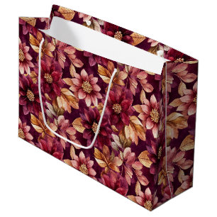 Burgundy Gold Flowers Leaves Birthday Large Gift Bag