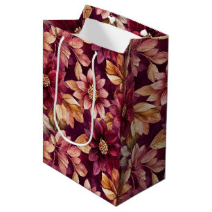 Burgundy Gold Flowers Leaves Birthday Medium Gift Bag