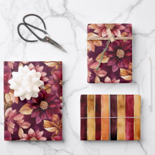 Burgundy Gold Flowers Leaves Stripes Birthday Wrapping Paper Sheet
