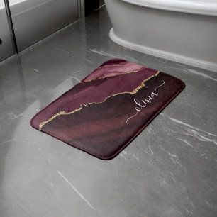 Burgundy Gold Foil Agate Geode Gold Monogram Bath Mat