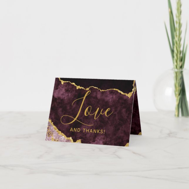 Burgundy Gold Foil Agate Marble Thank You Photo Card (Front)