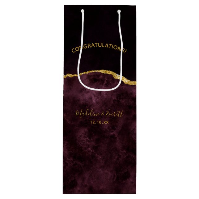 Burgundy Gold Foil Agate Wedding Congratulations Wine Gift Bag (Front)