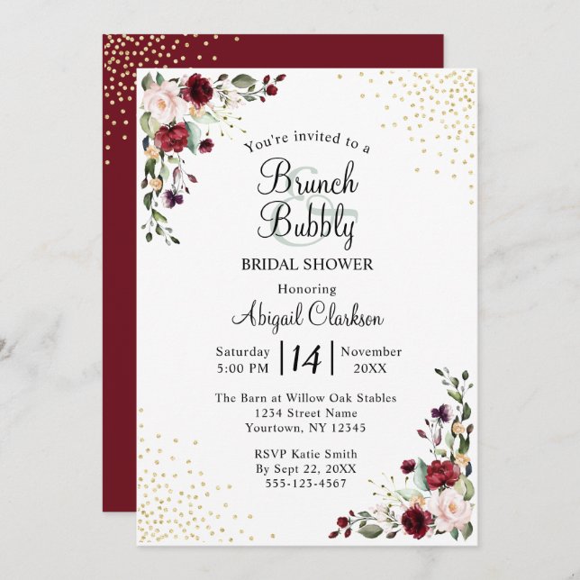 Burgundy Gold Foil Brunch & Bubbly Bridal Shower Invitation (Front/Back)