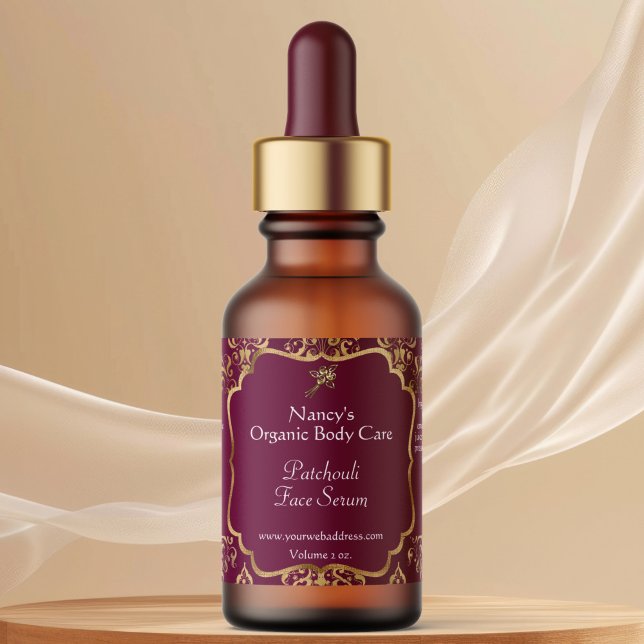 Burgundy & gold foil damask dropper bottle label (Creator Uploaded)