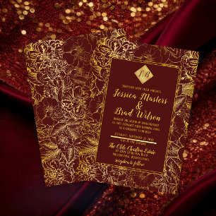 Burgundy Gold Foil Look Vintage Floral Wedding Invitation