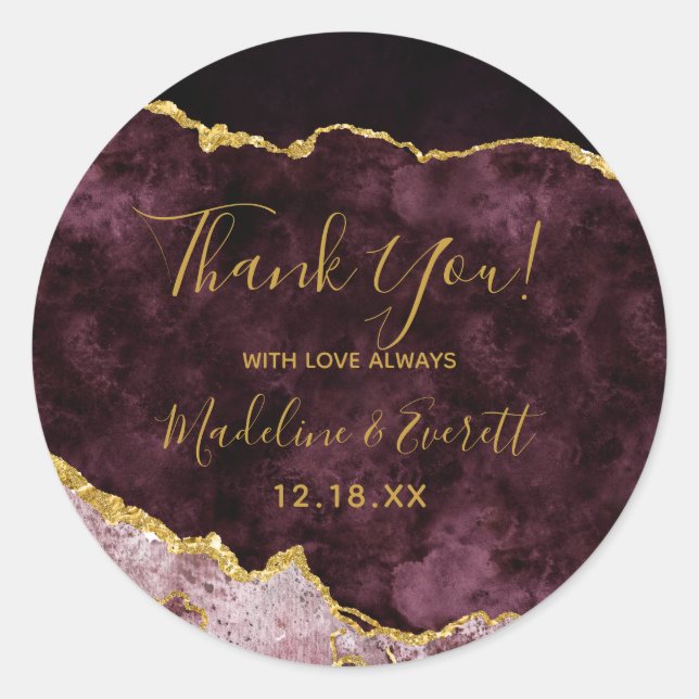 Burgundy Gold Foil Marble Agate Wedding Thank You Classic Round Sticker (Front)