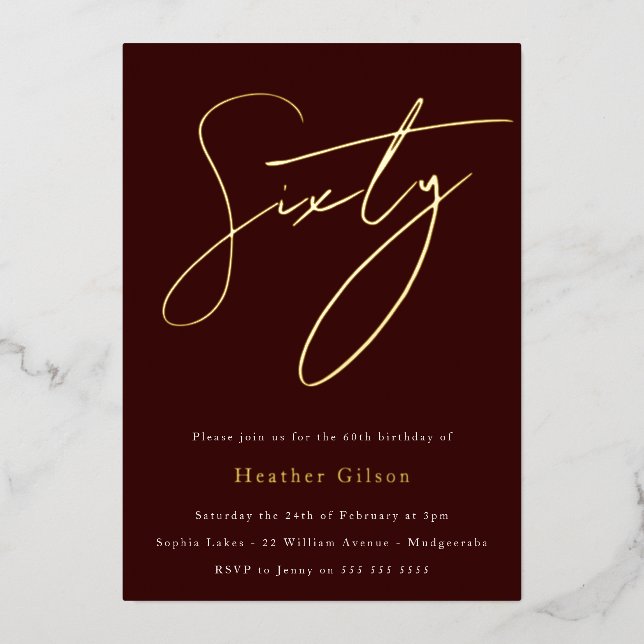 Burgundy & Gold Foil Script 60th Birthday Party (Front)