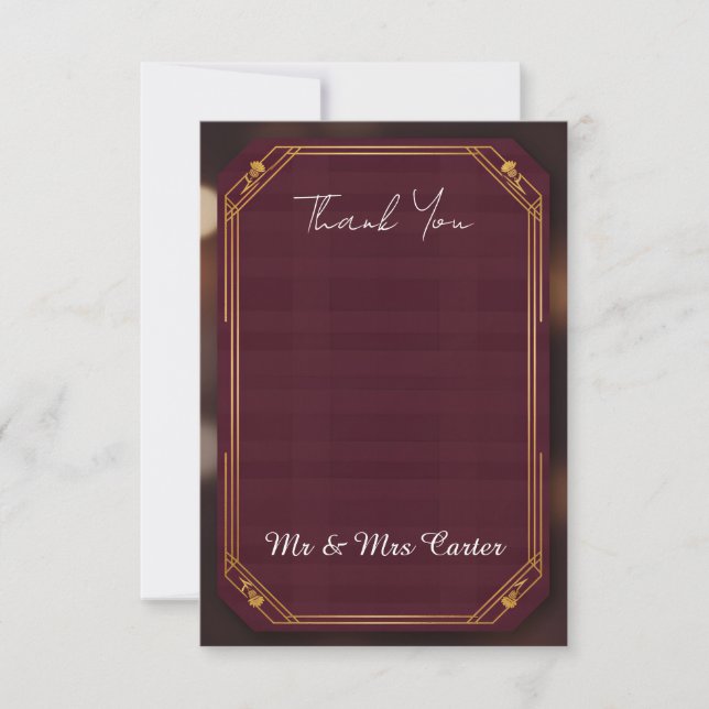 Burgundy Gold Frame Luxury Wedding Thank You Card (Front)