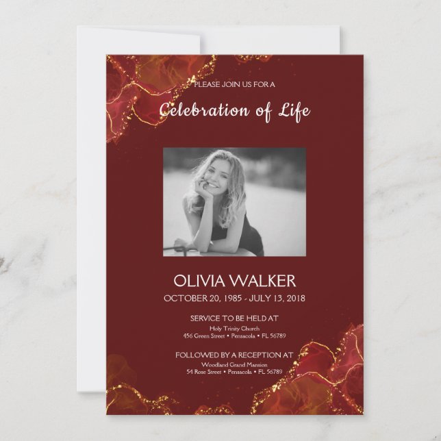 Burgundy & Gold Funeral Celebrating the life Invitation (Front)