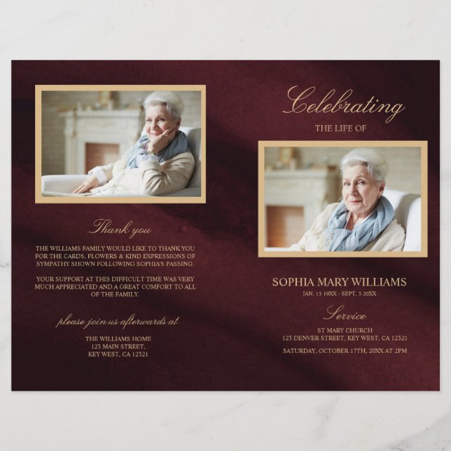 Burgundy & Gold Funeral Program | Order of Service (Front)