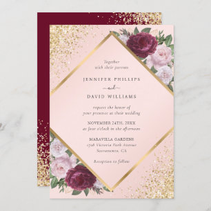 Burgundy Gold Geometric Blush Pink Floral Wedding Invitation