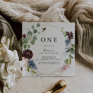 Burgundy Gold Geometric First Birthday Party Invitation