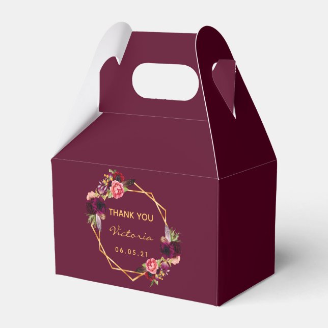 Burgundy gold geometric florals name favour box (Back Side)
