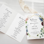 Burgundy Gold Geometric Folded Wedding Programme<br><div class="desc">This burgundy gold geometric folded wedding program is perfect for a winter wedding. The elegant boho design features watercolor navy,  blush pink and wine shade flowers with artistic penciled details. 

Include a quote or short message,  order of service,  wedding party and thank you message.</div>