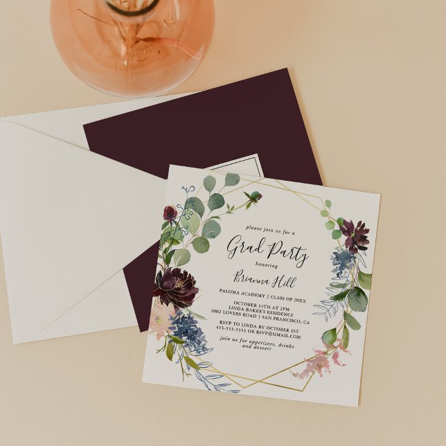 Burgundy Gold Geometric Grad Party Invitation (Creator Uploaded)
