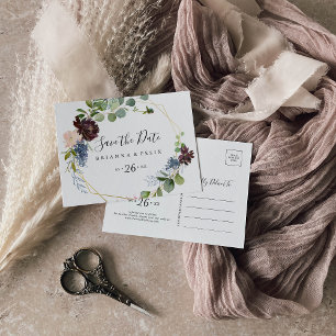 Burgundy Gold Geometric Horizontal Save the Date Postcard