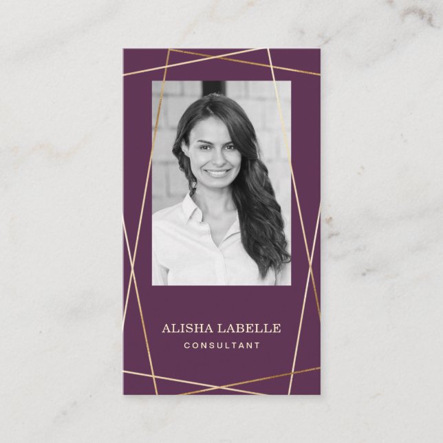 Burgundy & Gold Geometric Photo Layout & Monogram Business Card (Front)