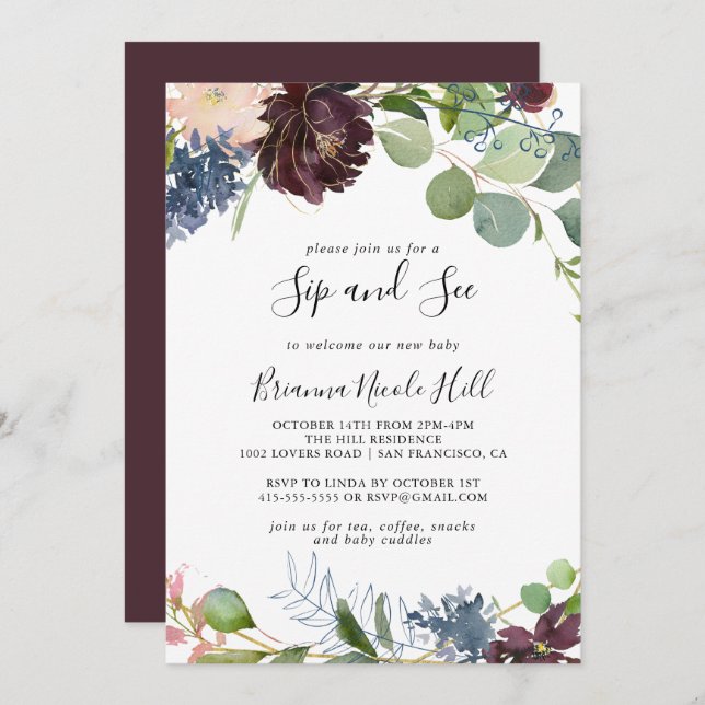Burgundy Gold Geometric Sip and See Invitation (Front/Back)