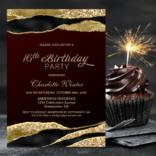 Burgundy Gold Glitter 16th Birthday Party Invitation