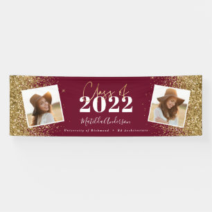 Burgundy gold glitter 2 photo class of graduation banner