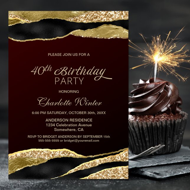 Burgundy Gold Glitter 40th Birthday Party Invitation (Creator Uploaded)