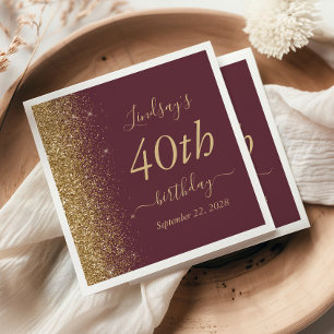 Burgundy Gold Glitter 40th Birthday Party Napkin