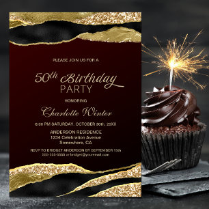 Burgundy Gold Glitter 50th Birthday Party Invitation