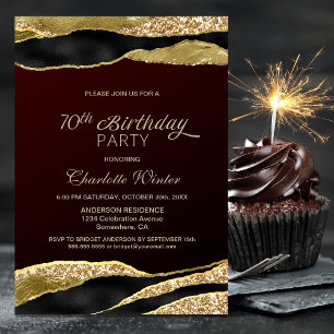 Burgundy Gold Glitter 70th Birthday Party Invitation