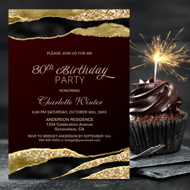 Burgundy Gold Glitter 80th Birthday Party Invitation (Creator Uploaded)