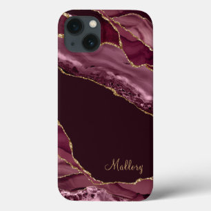 Burgundy Gold Glitter Agate Monogram  iPhone 13 Case