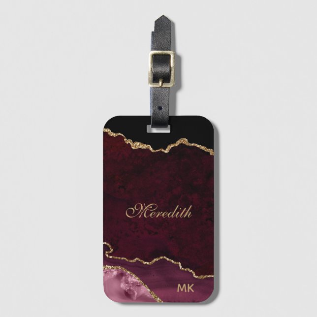 Burgundy Gold Glitter Agate Personalised Luggage Tag (Front Vertical)