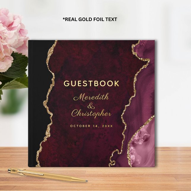 Burgundy Gold Glitter Agate Wedding Gold Guest Book (Creator Uploaded)