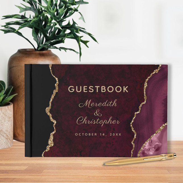Burgundy Gold Glitter Agate Wedding Guest Book (Creator Uploaded)