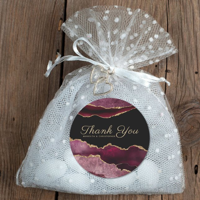 Burgundy Gold Glitter Agate Wedding Thank You Classic Round Sticker (Creator Uploaded)