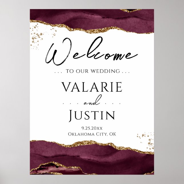 Burgundy Gold Glitter Agate Wedding Welcome Sign (Front)