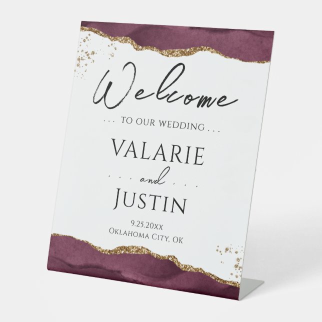 Burgundy Gold Glitter Agate Wedding Welcome Sign (Front)