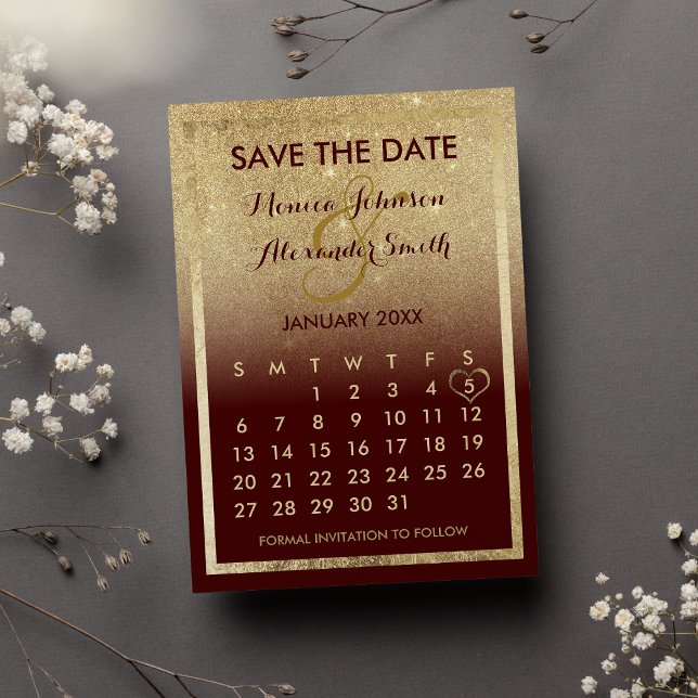 Burgundy Gold Glitter Calendar Save the Date Announcement Postcard (Burgundy Gold Glitter Calendar Save the Date Announcement )