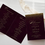 Burgundy Gold Glitter Calligraphy Folded Wedding Programme<br><div class="desc">This burgundy gold glitter calligraphy folded wedding program is perfect for a rustic wedding. The simple and stylish design features classic and fancy script typography in gold with glitter in a burgundy background. Include a quote or short message,  order of service,  wedding party and thank you message.</div>