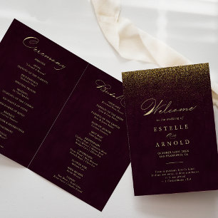Burgundy Gold Glitter Calligraphy Folded Wedding Programme
