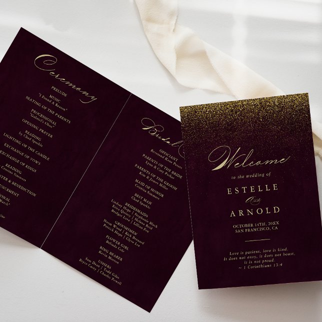 Burgundy Gold Glitter Calligraphy Folded Wedding Programme (Creator Uploaded)