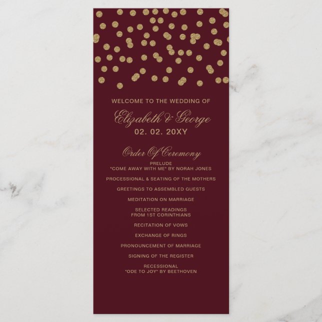 Burgundy Gold Glitter Confetti Elegant Wedding Programme (Front)