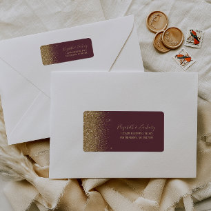 Burgundy Gold Glitter Edge Wedding Return Address