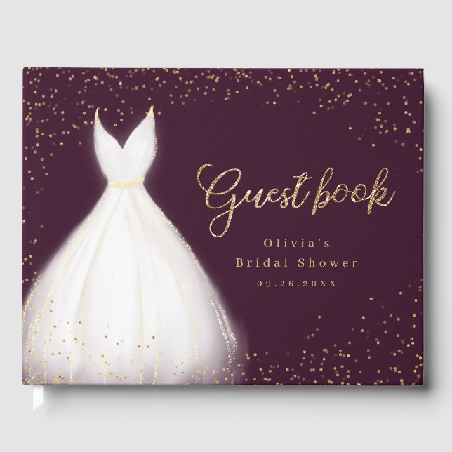 Burgundy Gold Glitter Elegant Dress Bridal Shower Guest Book (Front)