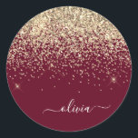 Burgundy Gold Glitter Girly Monogram Glam Classic Round Sticker<br><div class="desc">Gold and Burgundy Sparkle Glitter Monogram Name Party Sticker Address Labels. This makes the perfect sweet 16 birthday,  wedding,  bridal shower,  anniversary,  baby shower or bachelorette party gift for someone that loves glam luxury and chic styles.</div>