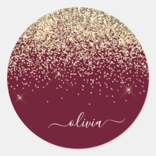 Burgundy Gold Glitter Girly Monogram Glam Classic Round Sticker