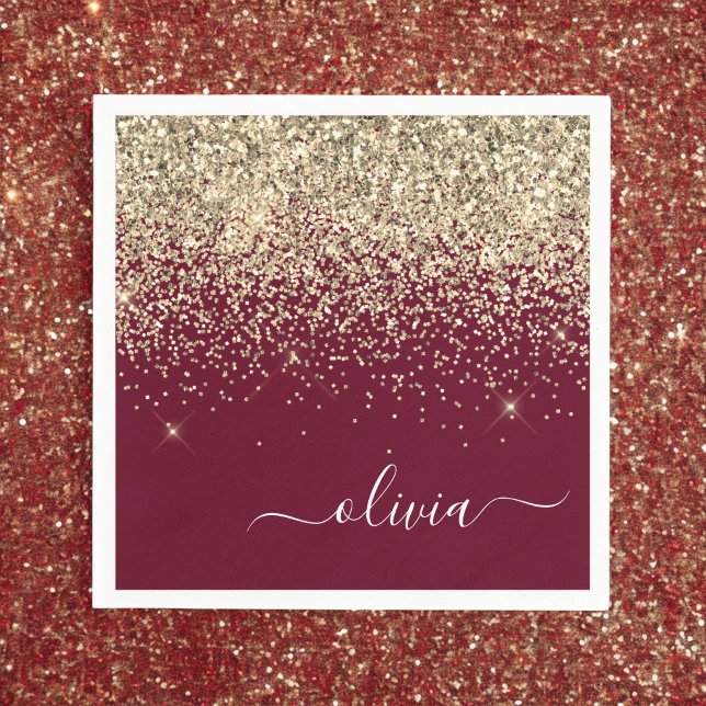 Burgundy Gold Glitter Girly Monogram Glam Napkin (Creator Uploaded)